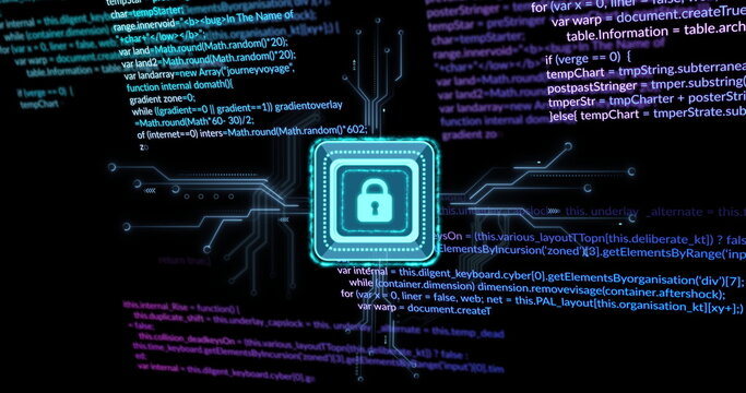 Glowing neon teal padlock icon within square frame radiating circuit lines, with code snippets