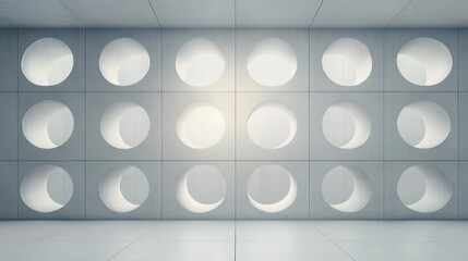 Minimalist concrete wall with a grid of circular indentations displaying varying light and shadow effects creating a calm, abstract visual atmosphere