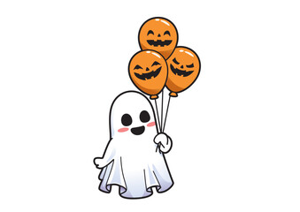 Cheerful ghost character smiling while holding three pumpkin-themed balloons, celebrating the joyful spirit of Halloween festivities