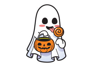 Cute ghost character holding a pumpkin candy bucket and a lollipop with a playful expression in a festive Halloween setting
