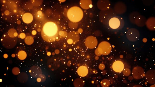 Abstract image of golden glowing bokeh lights and sparkles on dark background creating a warm festive atmosphere
