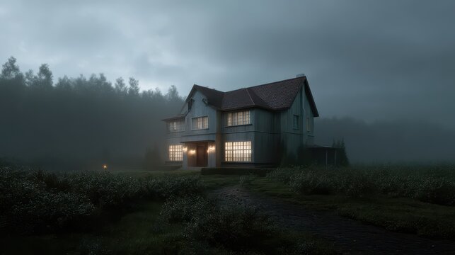 Eerie haunted mansion in foggy atmosphere for horror game design