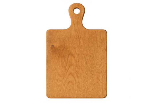 Rustic wooden cutting board featuring convenient handle, presenting clean surface for culinary styling against transparent backdrop - Powered by Adobe