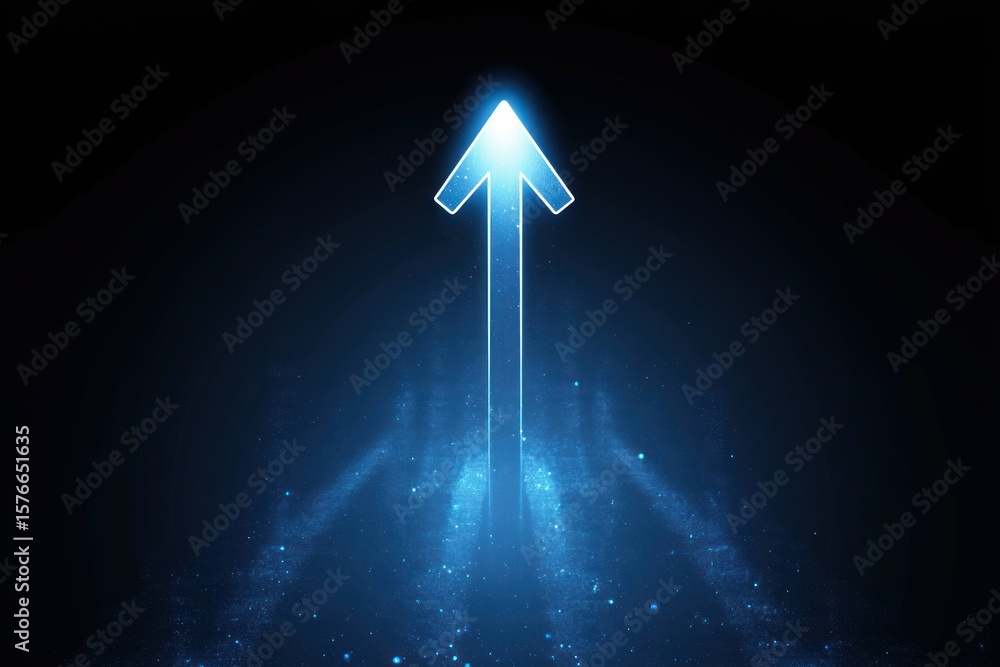 Poster glowing blue arrow pointing upward surrounded by sparkling light particles on a dark background conv