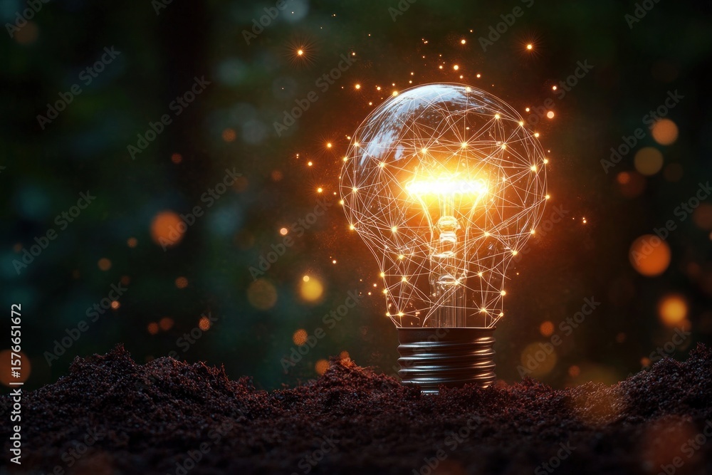 Poster glowing light bulb with interconnected digital network design emerging from soil in dark environment