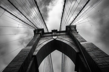 Fototapeta premium Dramatic low-angle black and white view of a large suspension bridge tower with cables extending upwards into cloudy sky