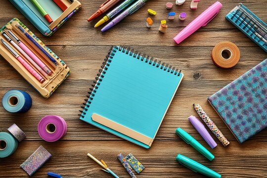 Colorful stationery items including pens, washi tape, crayons, and a blue spiral notebook arranged neatly on a wooden table, evoking creativity and organization