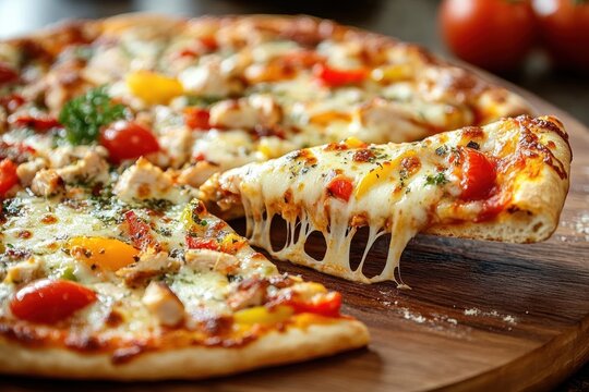 hot freshly baked pizza slice with melted cheese, cherry tomatoes, herbs, and chicken being lifted from wooden serving board
