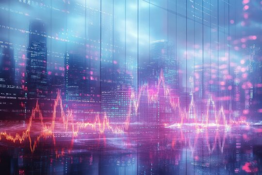 Futuristic city skyline with glowing digital stock market charts overlayed, reflecting on water under a cloudy sky at night, blending technology and urban environment