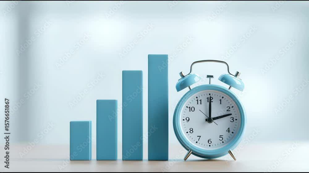 Poster a blue alarm clock sits on a table with a stack of blue blocks