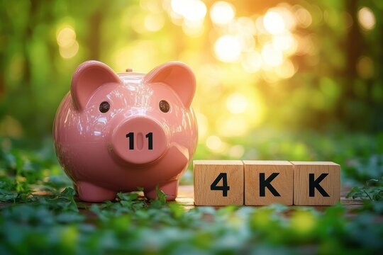 Pink piggy bank with number one zero one on nose and wooden blocks showing number four k k on green leafy ground under bright sunlight