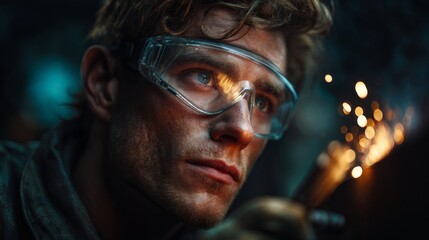 Focused Artisan at Work: A skilled artisan, eyes focused intently behind safety glasses, expertly maneuvers a tool, illuminated by the sparks of industry.
