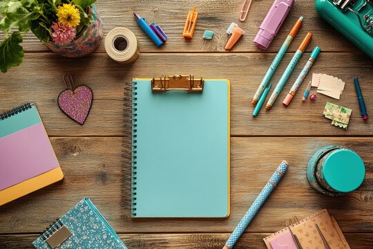 Top view of a colorful and organized workspace with notebooks, pens, clips, a plant, and various stationery items on a wooden table