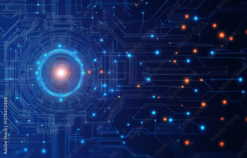 Poster futuristic glowing blue and orange digital circuit board with central bright light and interconnecte
