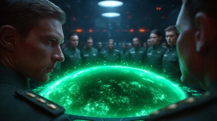 War Room Scenario: A squadron of soldiers in uniform, the camera angle focused on the faces of two of the squad members, gazing intently at a glowing globe.
