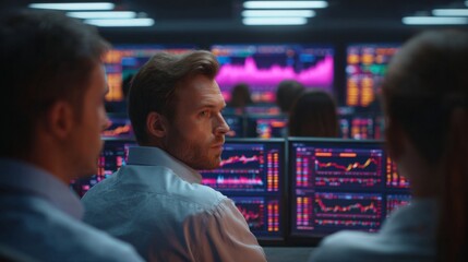 Financial Minds at Work: Inside a bustling trading floor, focused analysts diligently monitor multiple computer screens displaying real-time financial data.