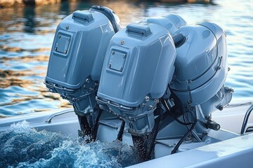 Three powerful outboard boat motors mounted on a white boat with water splashing in the background under daylight