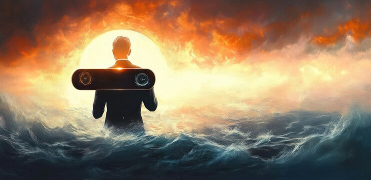 Man in dark suit holding futuristic horizontal binoculars facing a large glowing sun over a turbulent ocean under dramatic fiery clouds at sunset