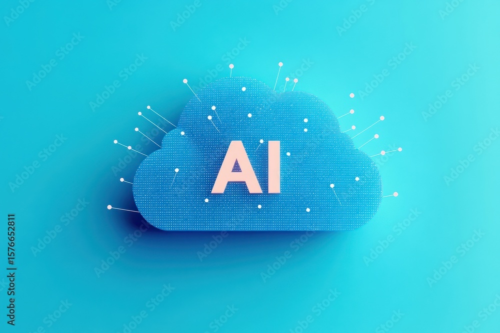 Poster blue cloud-shaped digital structure with interconnected nodes and glowing dots symbolizing artificia