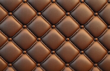 Close-up view of brown leather upholstery with deep button tufting and diamond pattern stitching creating a luxurious and textured surface