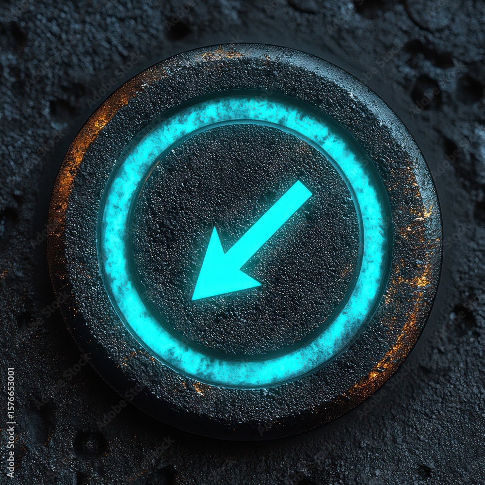 Poster close-up of a circular metallic button with glowing blue downward-right arrow on textured dark surfa