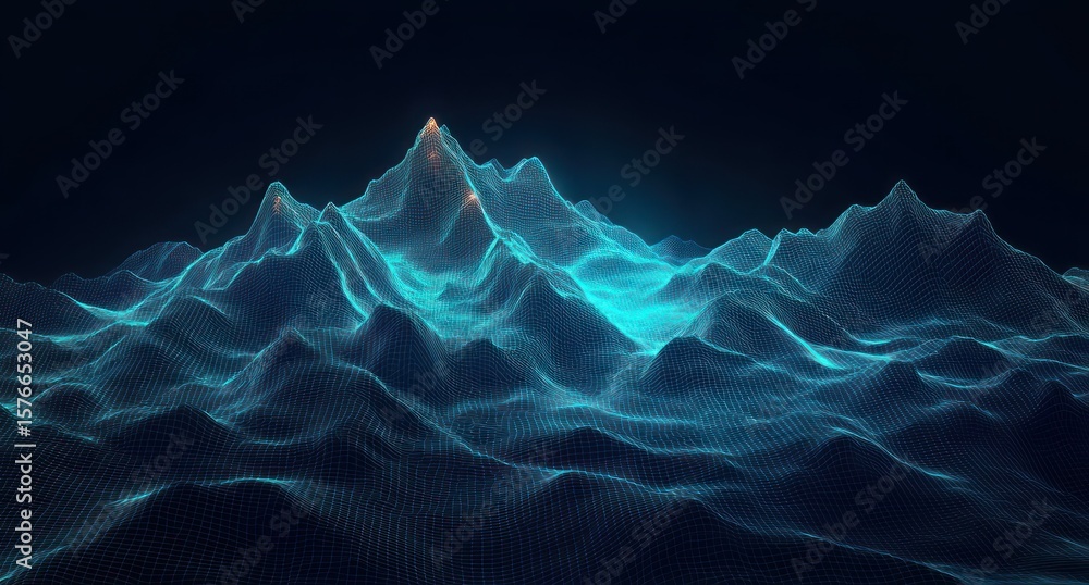 Poster digital representation of mountain range using glowing blue grid lines on dark background with orang