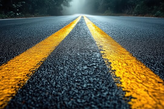 close-up of a wet asphalt road with two bright yellow lines stretching into foggy tree-lined distance creating a mysterious and calm atmosphere
