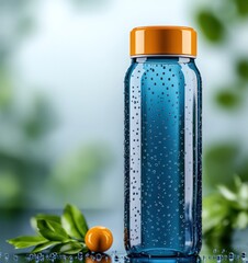 Reusable water bottle covered in condensation with orange cap, berry and green leaves, copy space
