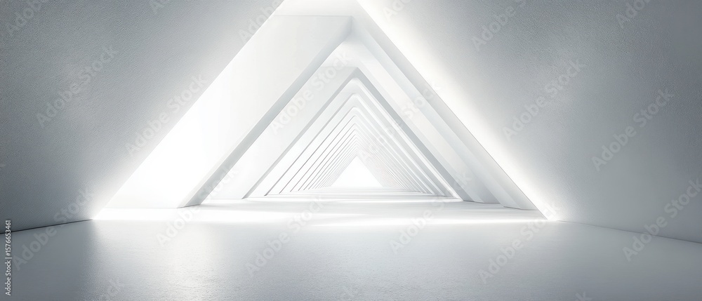 Poster minimalist futuristic white corridor with triangular arches and bright light creating depth and an a
