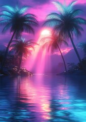 tropical serene landscape with tall palm trees surrounding calm water reflecting vibrant pink and purple sunset light beams through clouds