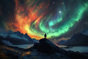 Silhouette of a person standing on rocky mountain peak under vibrant colorful northern lights and starry night sky over misty valley and rugged mountains