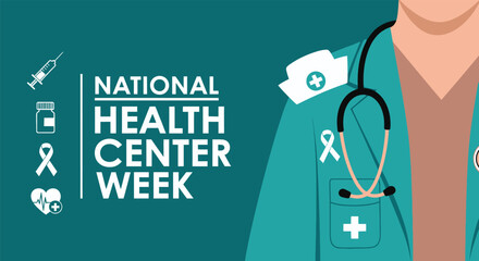 National health center week celebrated with medical icons like syringe stethoscope and awareness ribbons on a doctor s uniform