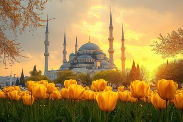 Golden tulip field in front of a grand historic mosque with multiple minarets at sunset under a warm glowing sky