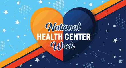 Celebrate national health center week with a vibrant graphic featuring a split heart and celebratory star patterns