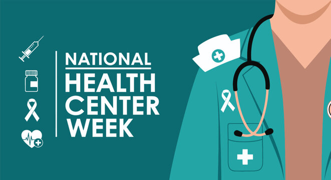 National health center week celebrated with medical icons like syringe stethoscope and awareness ribbons on a doctor s uniform