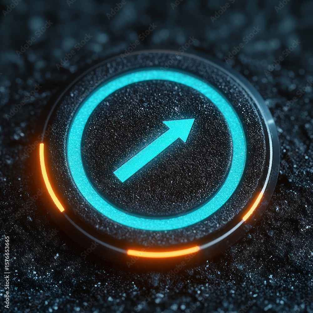 Poster close-up of a futuristic round knob with a glowing blue arrow pointing upward and a circular orange 
