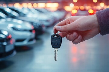 Hand holding a car key fob with multiple parked cars in a blurred background conveying ownership and readiness