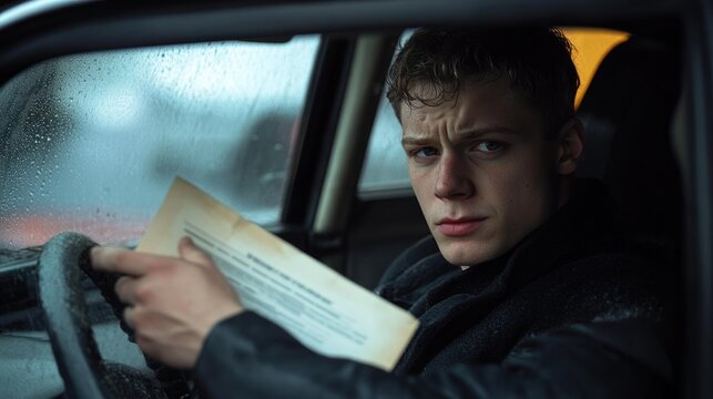young man sitting in a car holding a piece of paper looking seriously through the window on a rainy day - Powered by Adobe