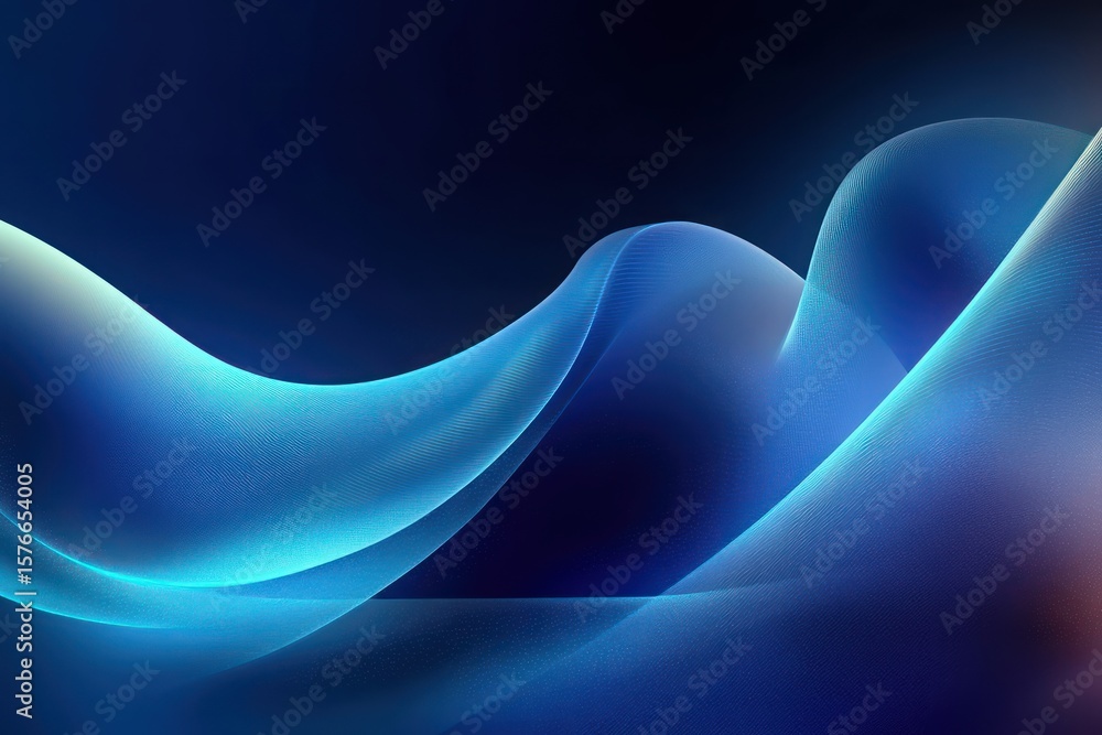 Poster abstract digital wave shapes with translucent glowing blue curves on dark background creating a sens
