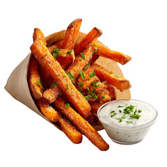 Sweet potato fries in a paper cone with a creamy herb dip