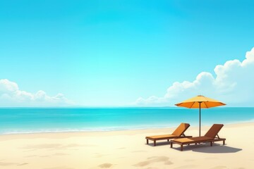 Fototapeta premium Close-up of colorful sun umbrella and sun loungers on sea, ocean background. Vacation, travel, tourism, background, screensaver