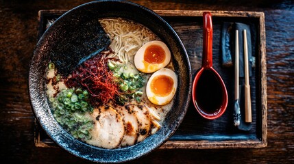 Bowl of ramen noodles with toppings