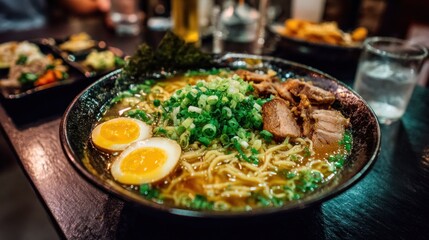 Bowl of ramen with pork, egg, and green onions