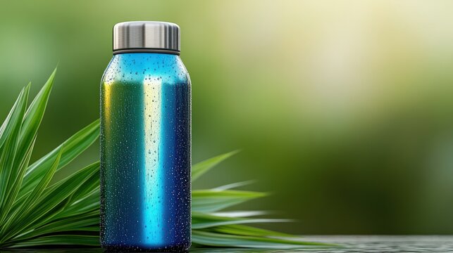 Reusable water bottle with condensation, highlighting eco conscious hydration practices, copy space