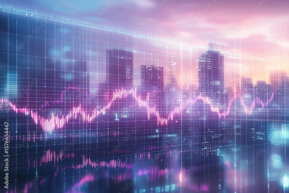 Poster futuristic cityscape at dusk with glowing digital financial graph overlay representing data flow and