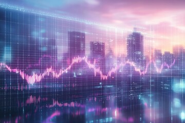 Futuristic cityscape at dusk with glowing digital financial graph overlay representing data flow and economic trends