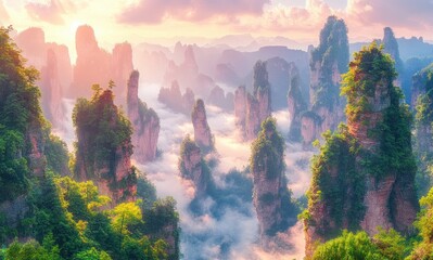 Majestic towering rock formations covered with lush greenery surrounded by low-lying mist at sunrise creating a serene and mystical atmosphere