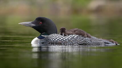 Common loon with a baby in Maine 