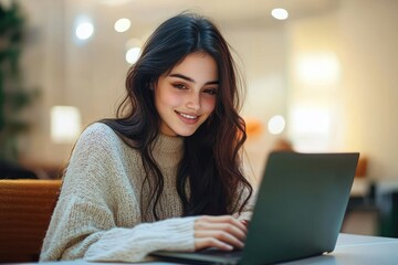 young woman with long dark hair wearing a cozy knit sweater smiling while using a laptop in a softly lit indoor setting