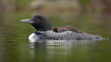 Common loon with a baby in Maine 